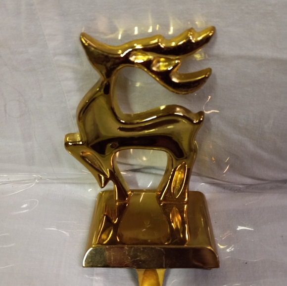 Solid Brass Christmas Reindeer Stocking Hanger Gold tone 7" - Picture 4 of 4